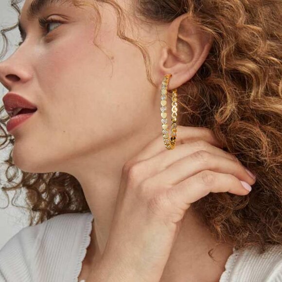 14k Gold Plated 50mm Heart Cubic Zirconia Rhinestone Hoop Earring for Women - Picture 4 of 7